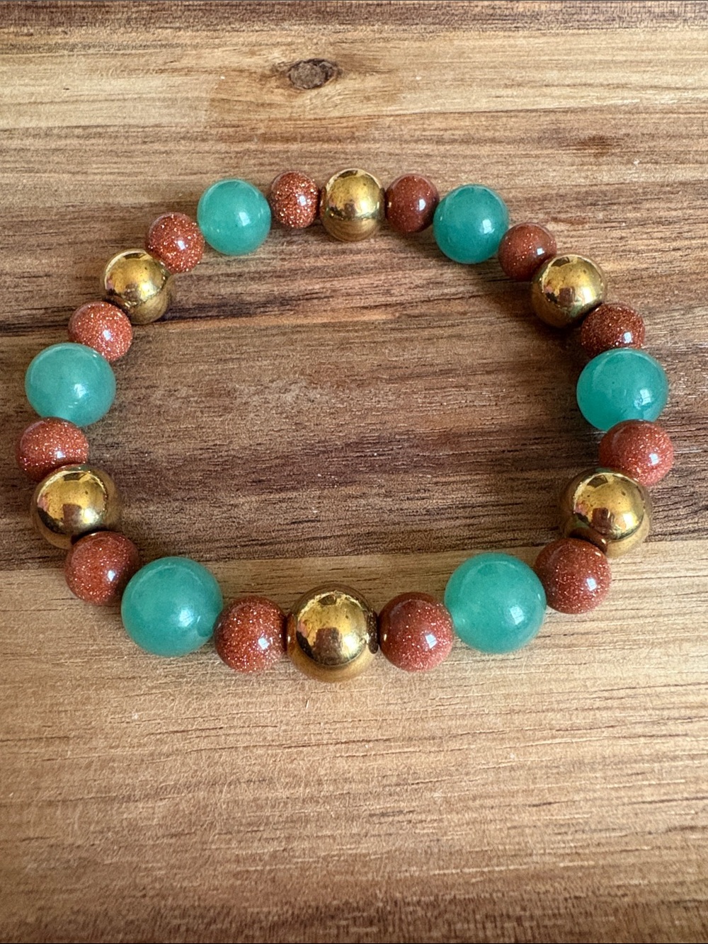 Handmade Beaded Stretch Bracelet w/ Green Aventurine and Goldstone